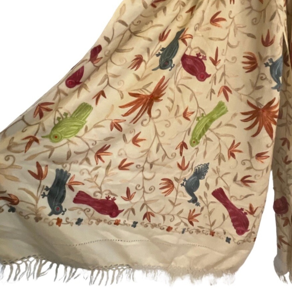 Ivory Crewel Boho Maximalist Embroidered‎ Eclectic  Cottagecore Floral 100% Wool